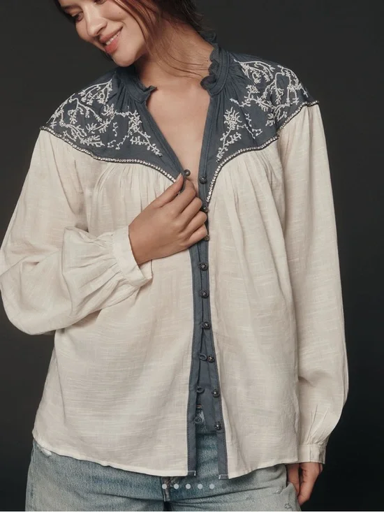 Anthropologie Puff-Sleeve Embroidered Buttondown Blouse Pilcro NEW 2X Ivory - Picture 4 of 16